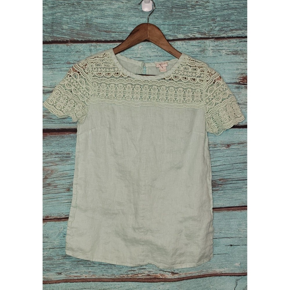 J. Crew Mint Linen Crochet Eyelet Lace Top Size 0